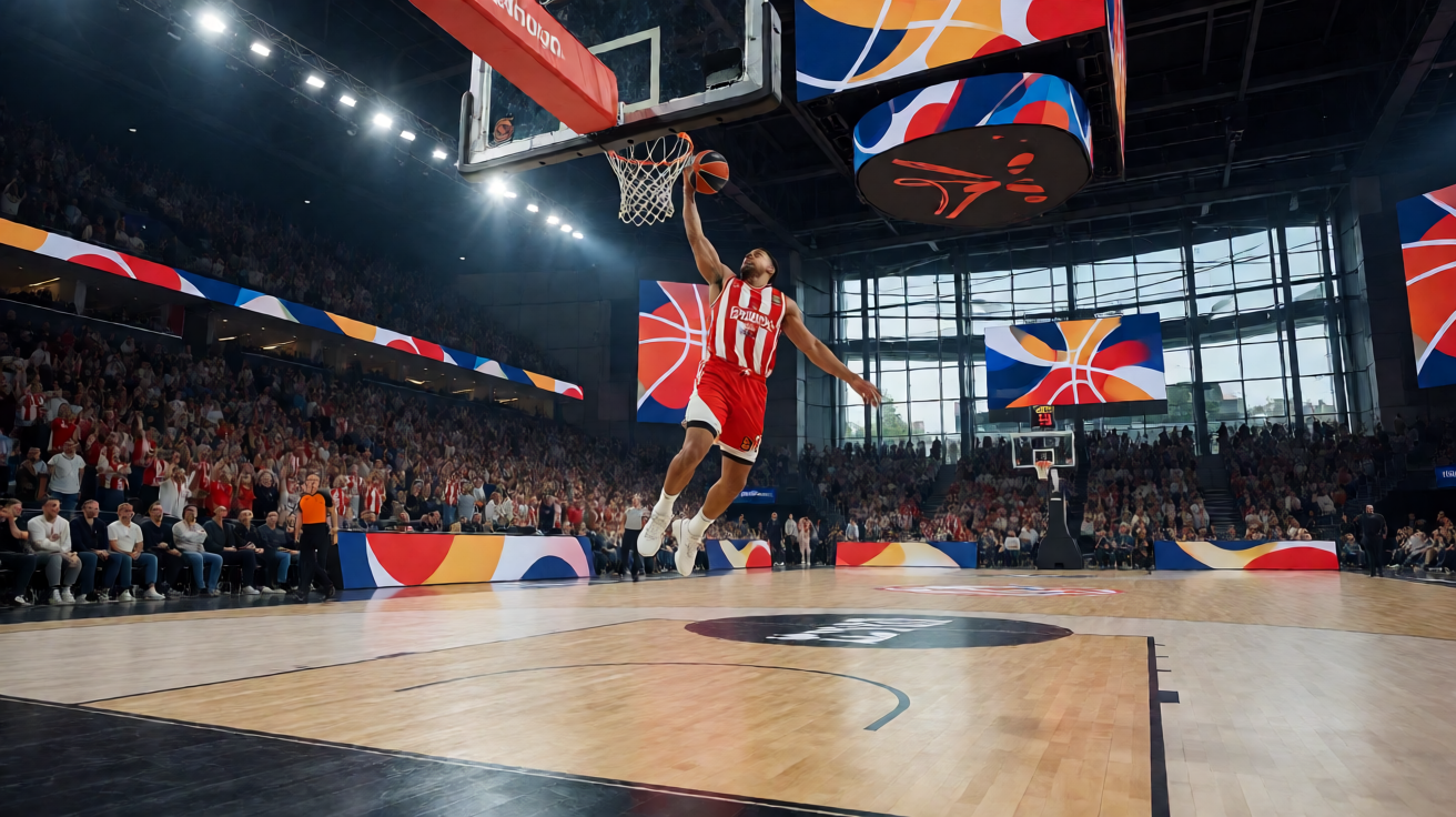 欧洲篮球联赛赛场，展示EuroLeague等国际篮球赛事覆盖